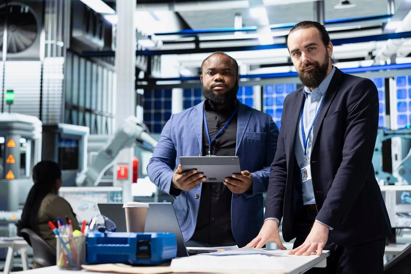 A multiethnic group of solar panel engineers exchanges data insights in a factory.