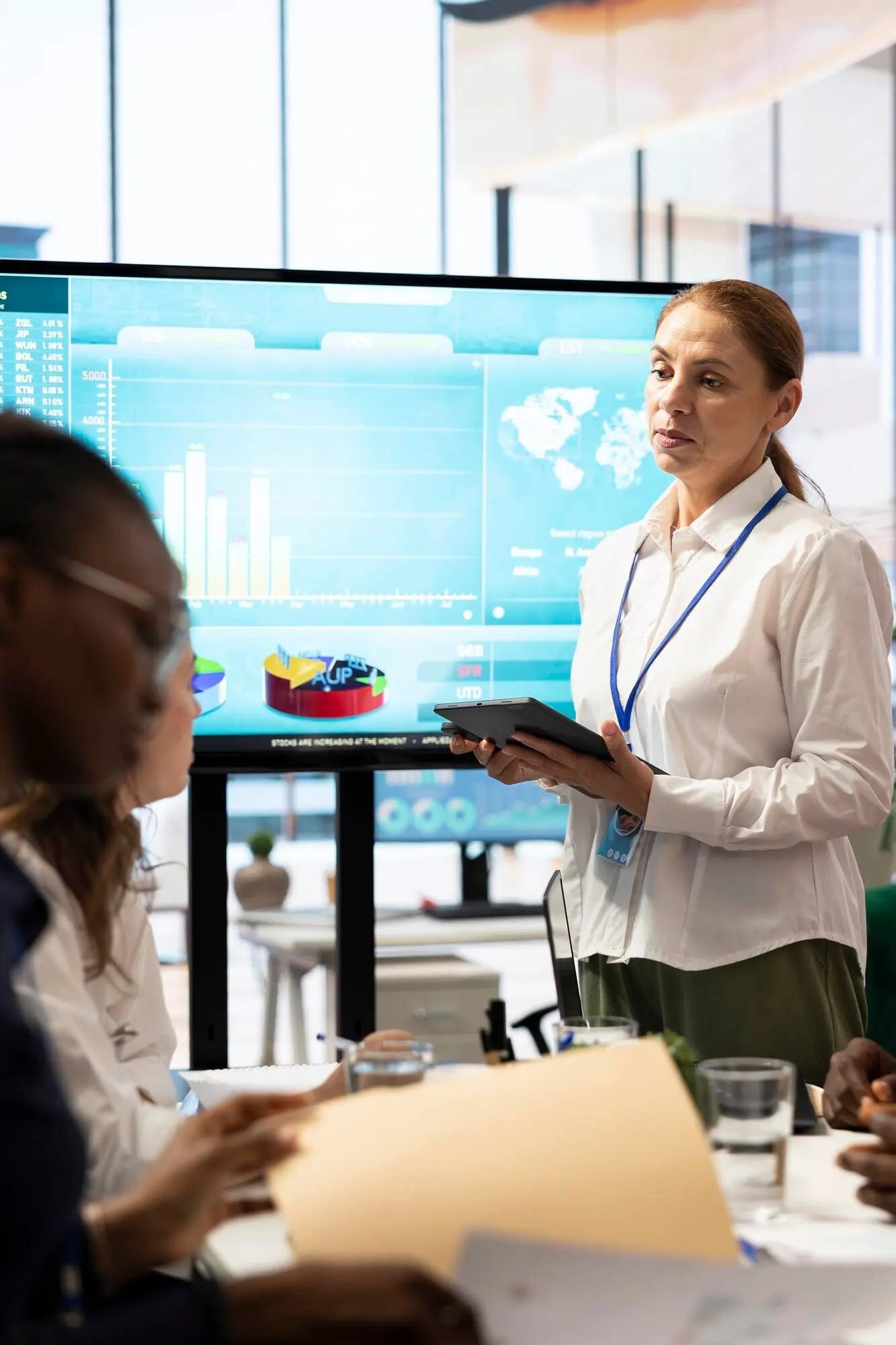 Team members gathering in a boardroom to review their analysis results.