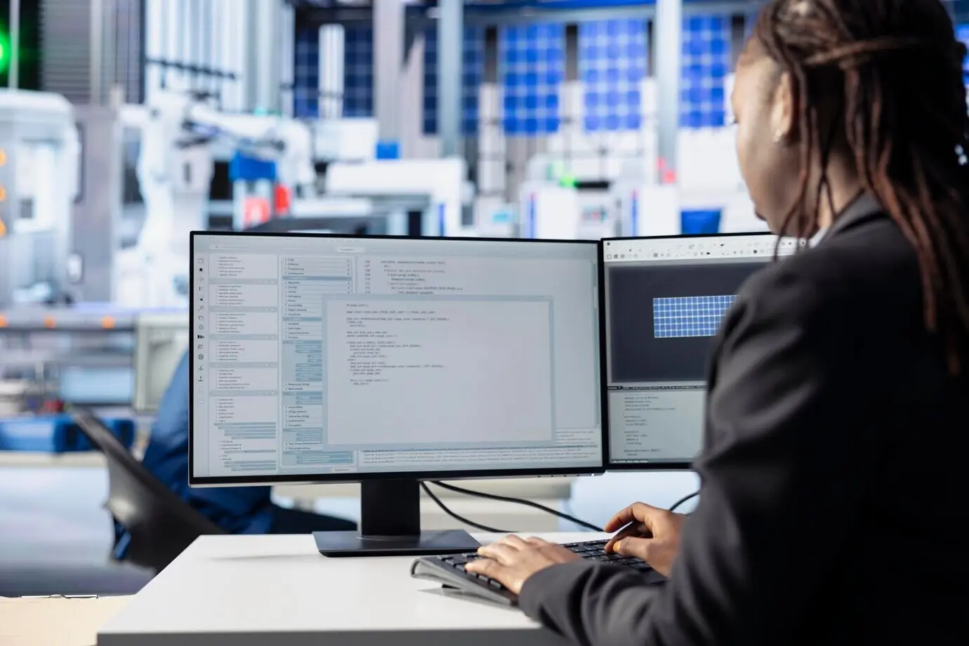 A programmer at a photovoltaics factory coding an app on a PC.